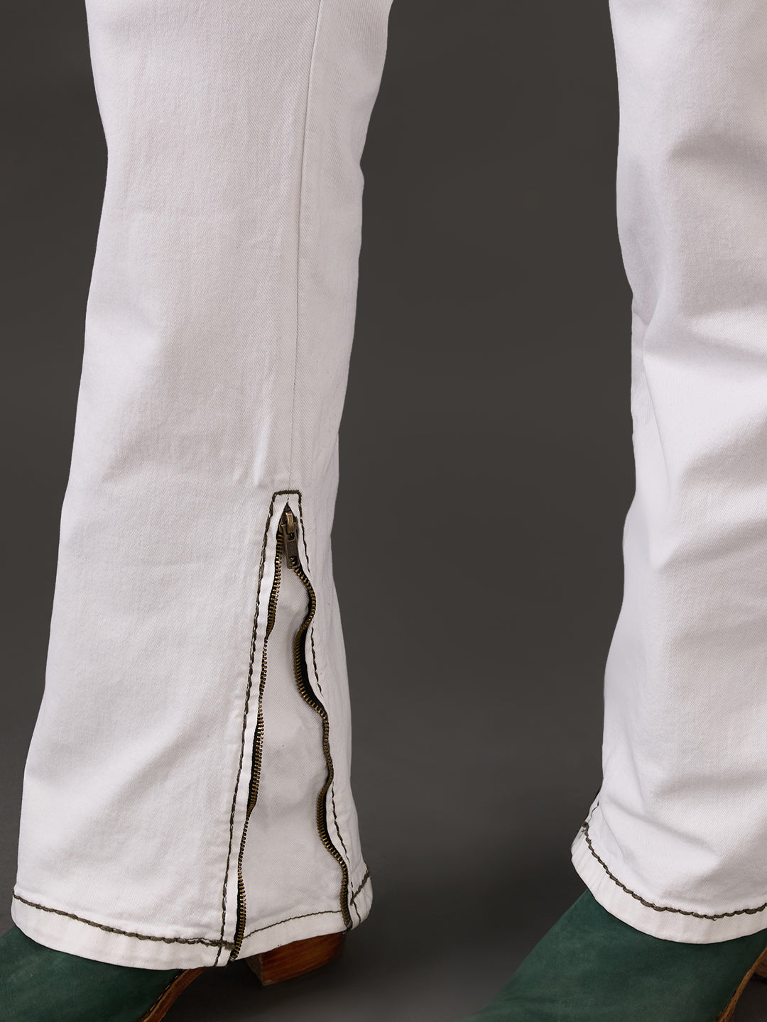 White Peak Bootcut Jeans – Bottle Green Stitching & Zippered Edge Finish