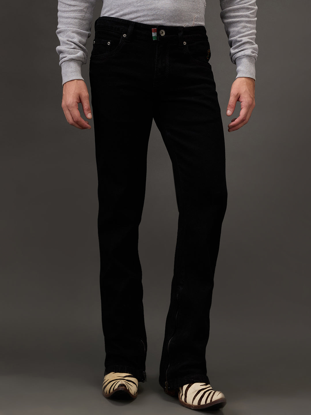 Black Stealth Bootcut Jeans – All-Black Stitch with Zippered Bottom