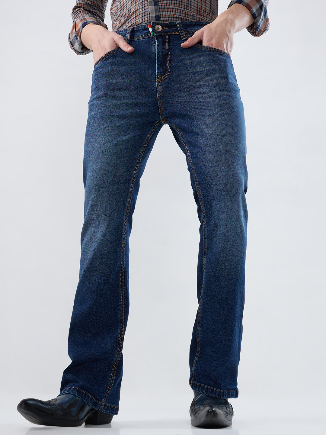 Men’s Denim Bootcut Jeans – Dark Indigo, Bottom Zip, Contrast Stitch