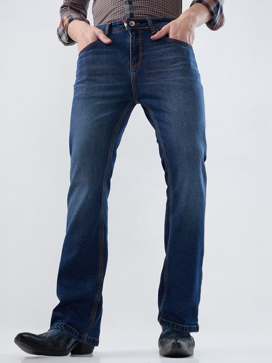 Men’s Denim Bootcut Jeans – Dark Indigo, Bottom Zip, Contrast Stitch