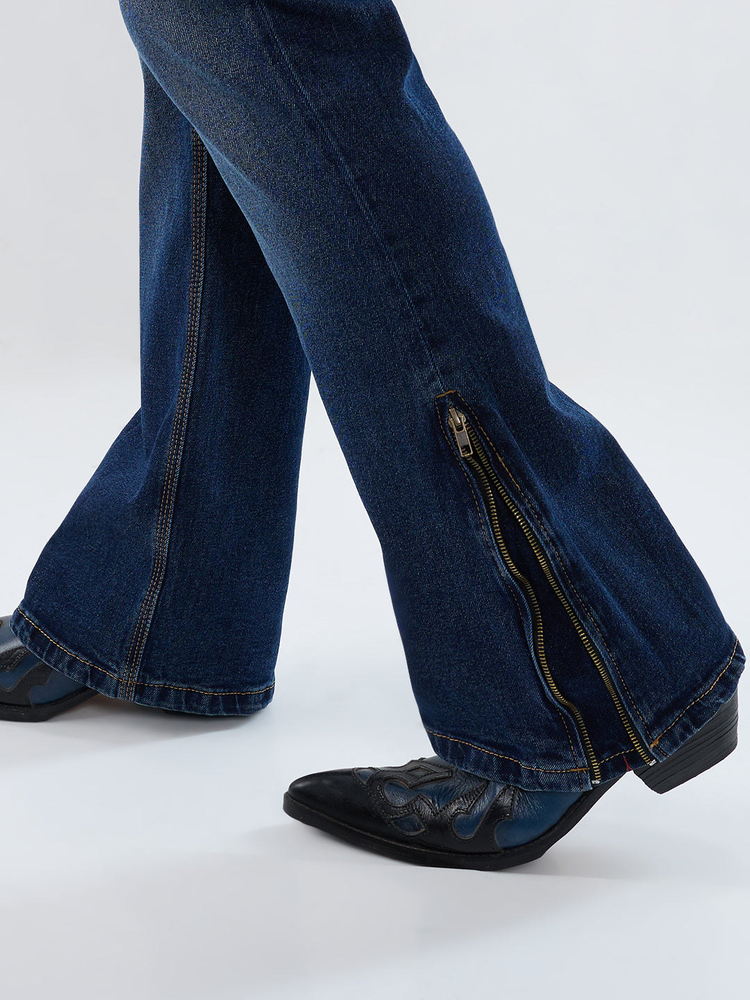 Men’s Denim Bootcut Jeans – Dark Indigo, Bottom Zip, Contrast Stitch