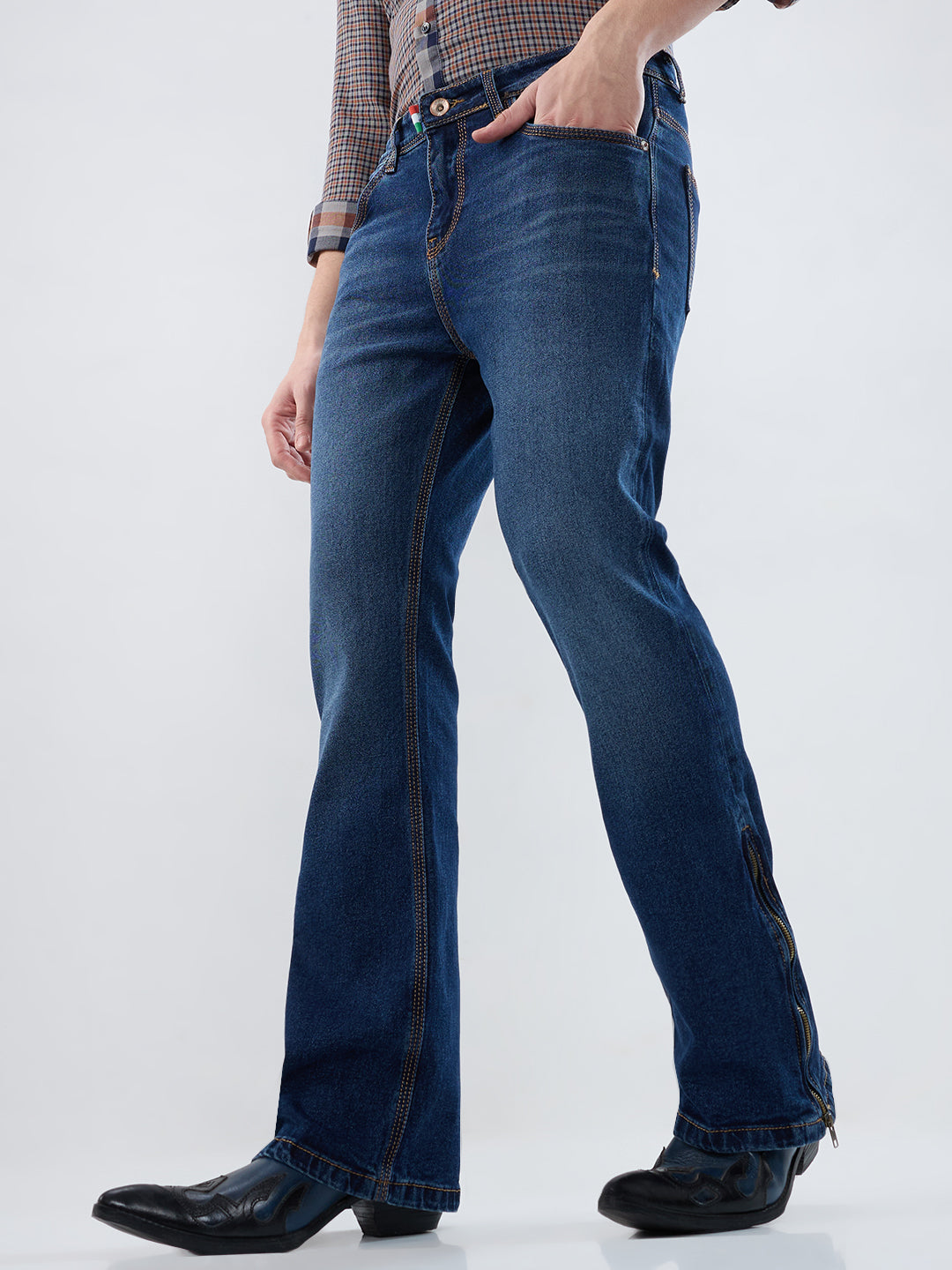 Men’s Denim Bootcut Jeans – Dark Indigo, Bottom Zip, Contrast Stitch