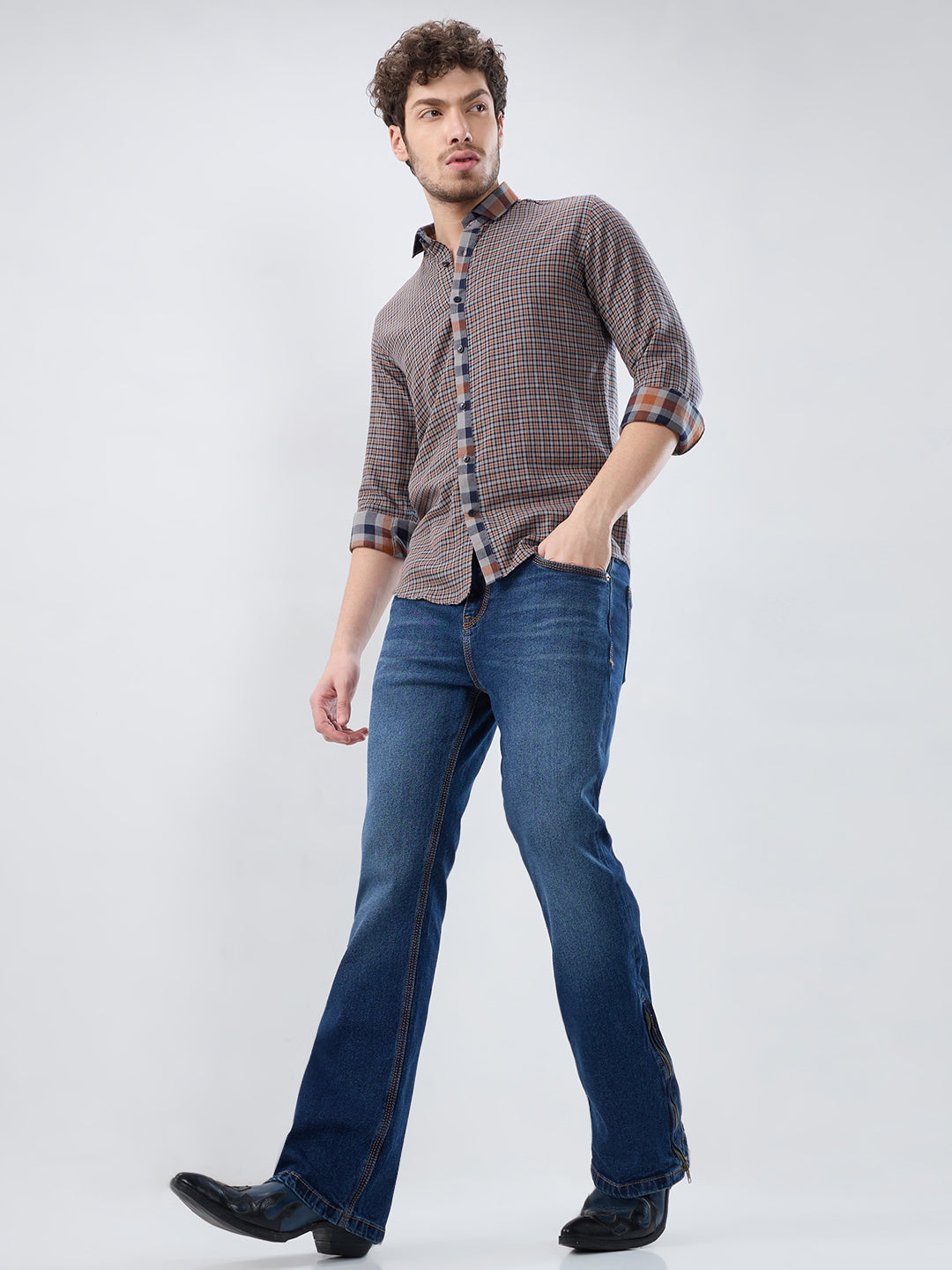 Men’s Denim Bootcut Jeans – Dark Indigo, Bottom Zip, Contrast Stitch