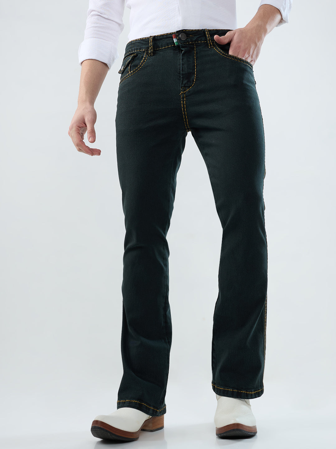 Men’s Shadow Olive Bootcut Denim Jeans with Mustard Stitching & Back Pocket Flaps