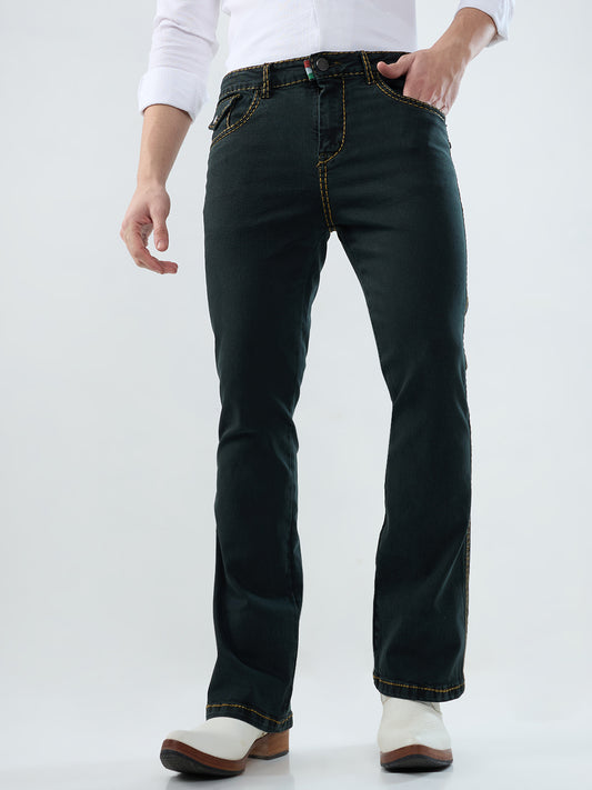 Men’s Shadow Olive Bootcut Denim Jeans with Mustard Stitching & Back Pocket Flaps