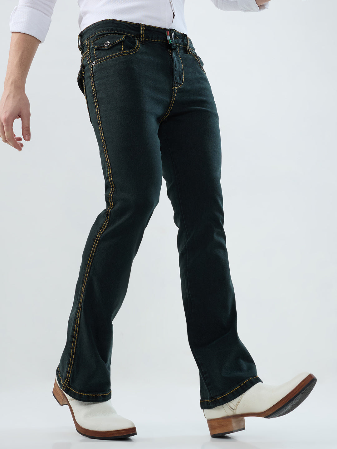 Men’s Shadow Olive Bootcut Denim Jeans with Mustard Stitching & Back Pocket Flaps