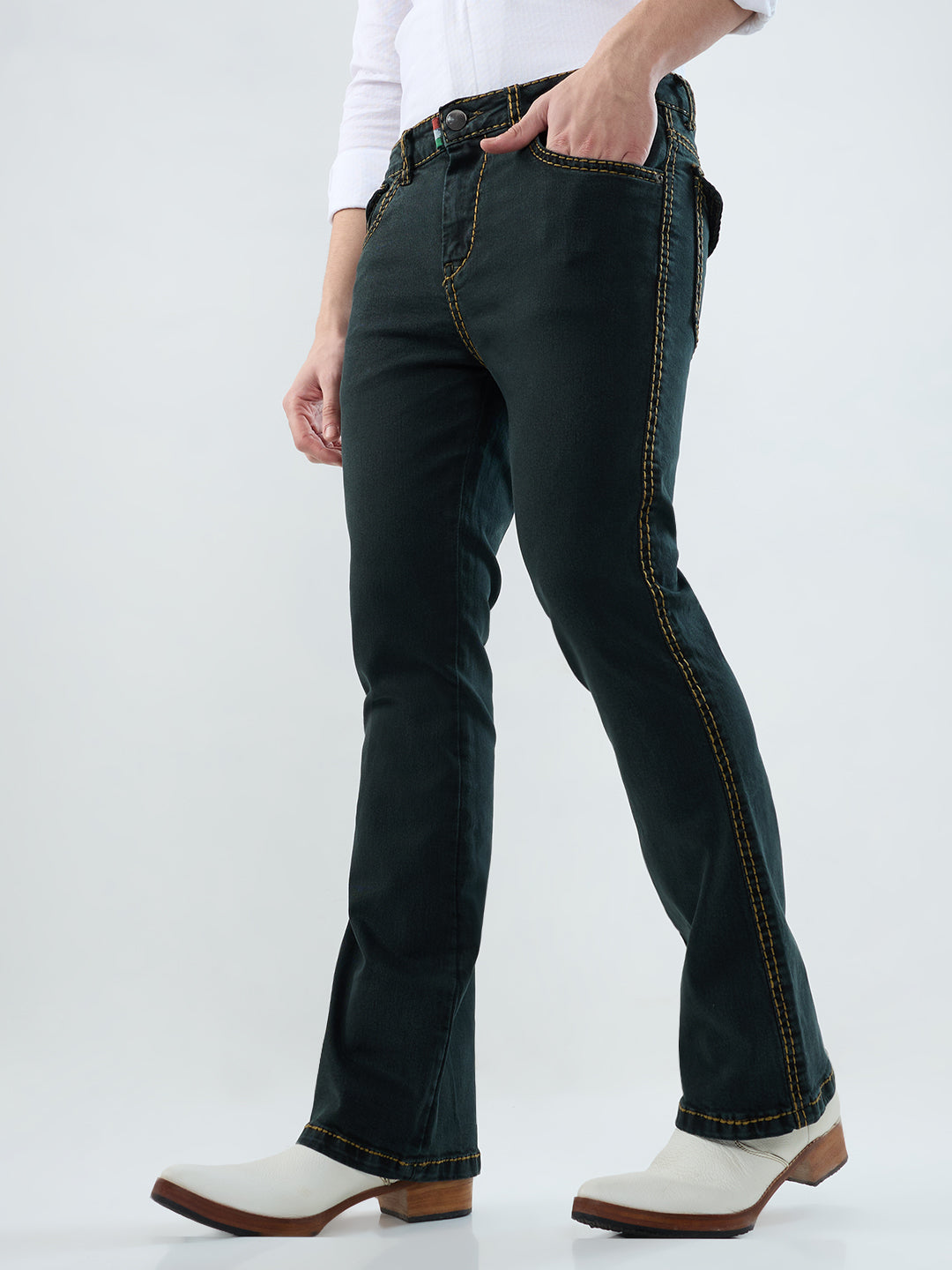 Men’s Shadow Olive Bootcut Denim Jeans with Mustard Stitching & Back Pocket Flaps