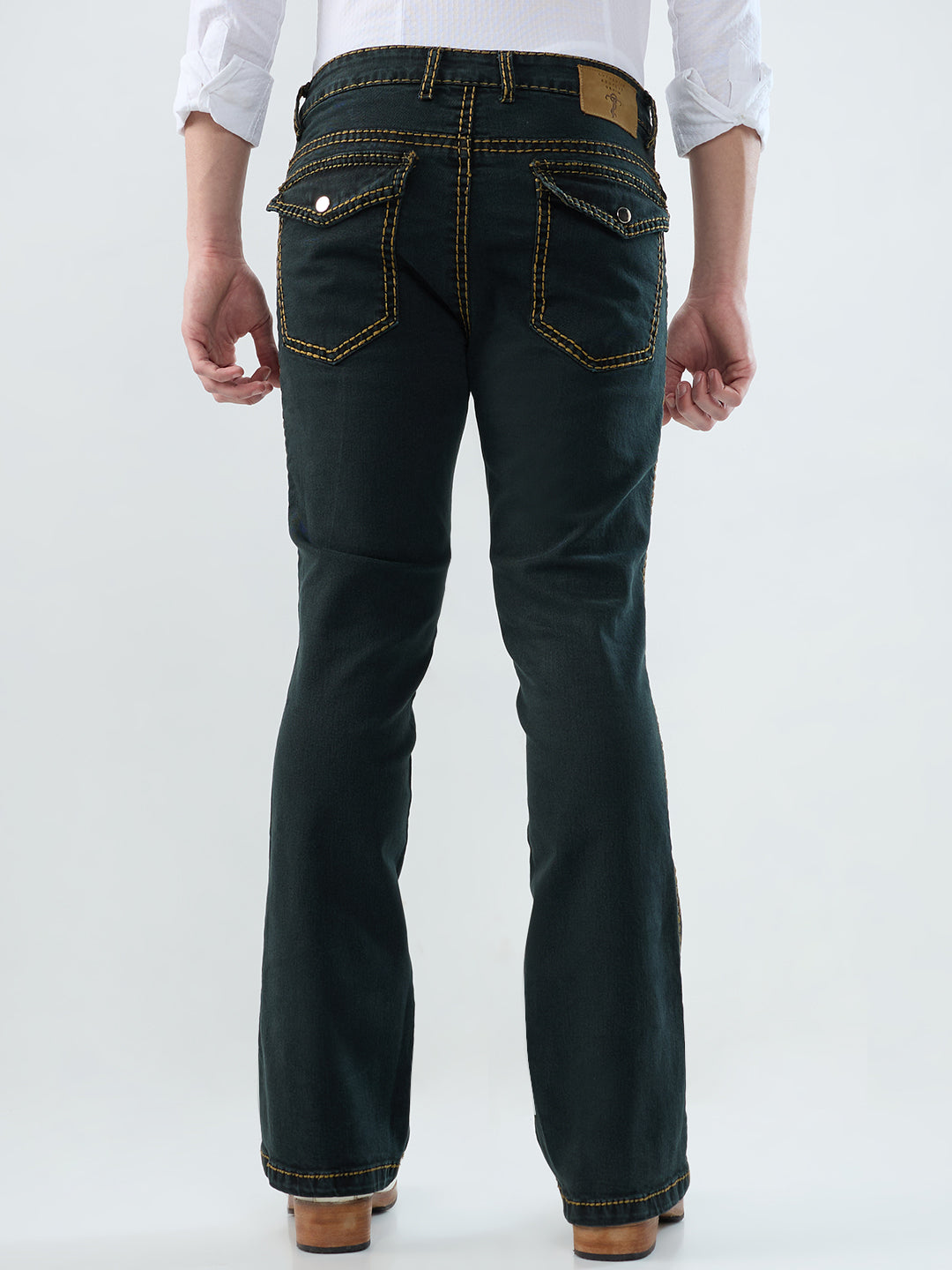 Men’s Shadow Olive Bootcut Denim Jeans with Mustard Stitching & Back Pocket Flaps