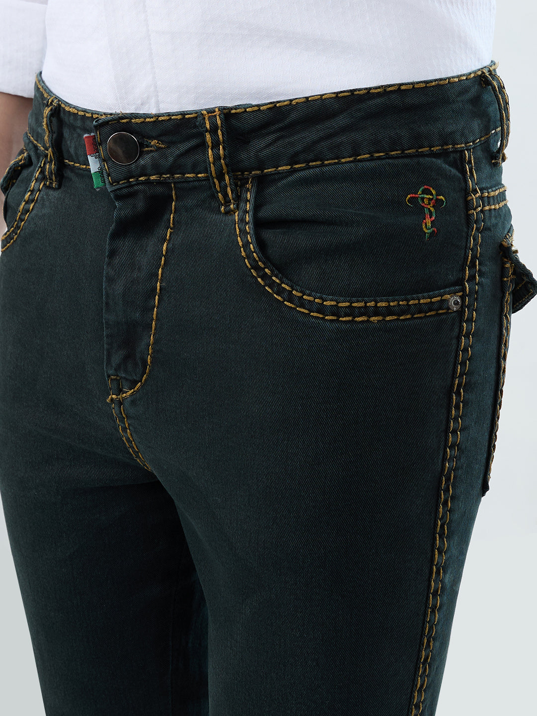 Men’s Shadow Olive Bootcut Denim Jeans with Mustard Stitching & Back Pocket Flaps