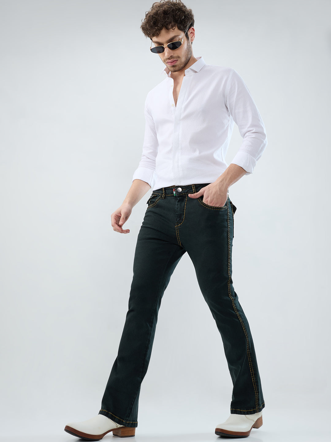 Men’s Shadow Olive Bootcut Denim Jeans with Mustard Stitching & Back Pocket Flaps