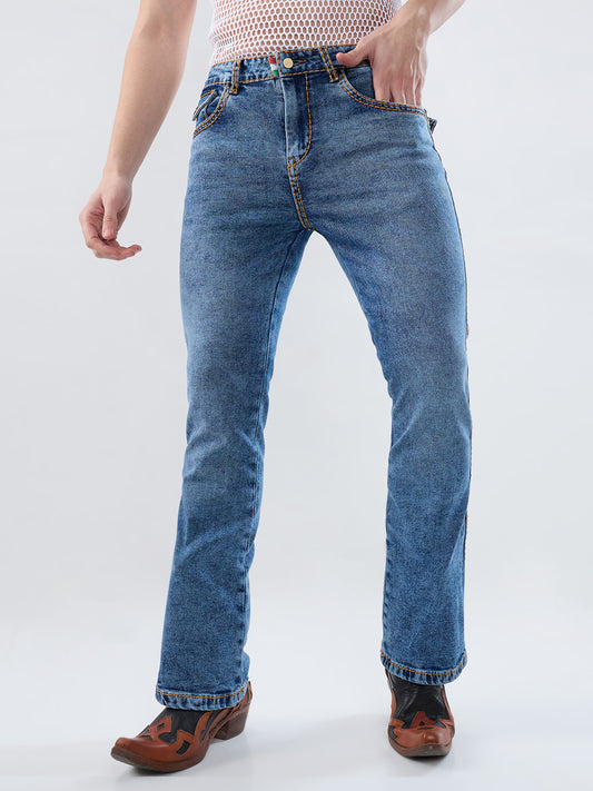 Men’s Ice Blue Bootcut Stretch Denim Jeans with Mustard Stitching