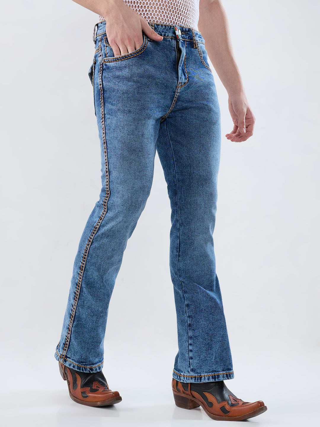 Men’s Ice Blue Bootcut Stretch Denim Jeans with Mustard Stitching