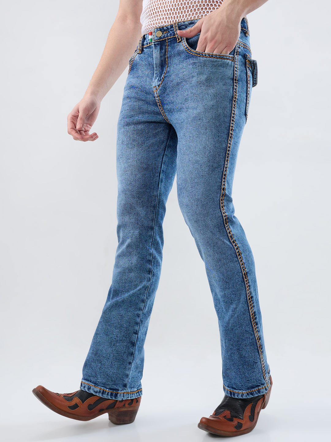 Men’s Ice Blue Bootcut Stretch Denim Jeans with Mustard Stitching
