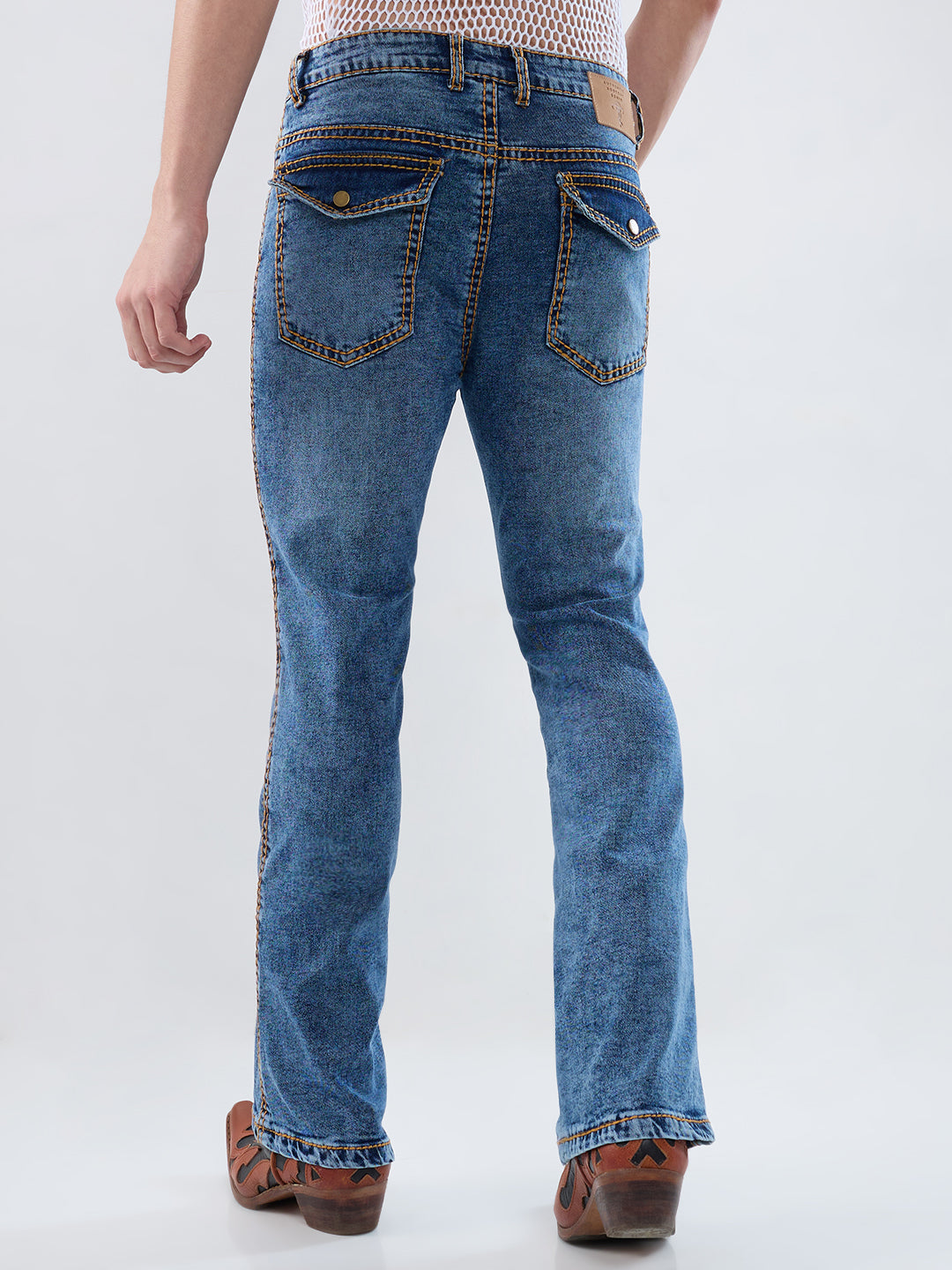 Men’s Ice Blue Bootcut Stretch Denim Jeans with Mustard Stitching