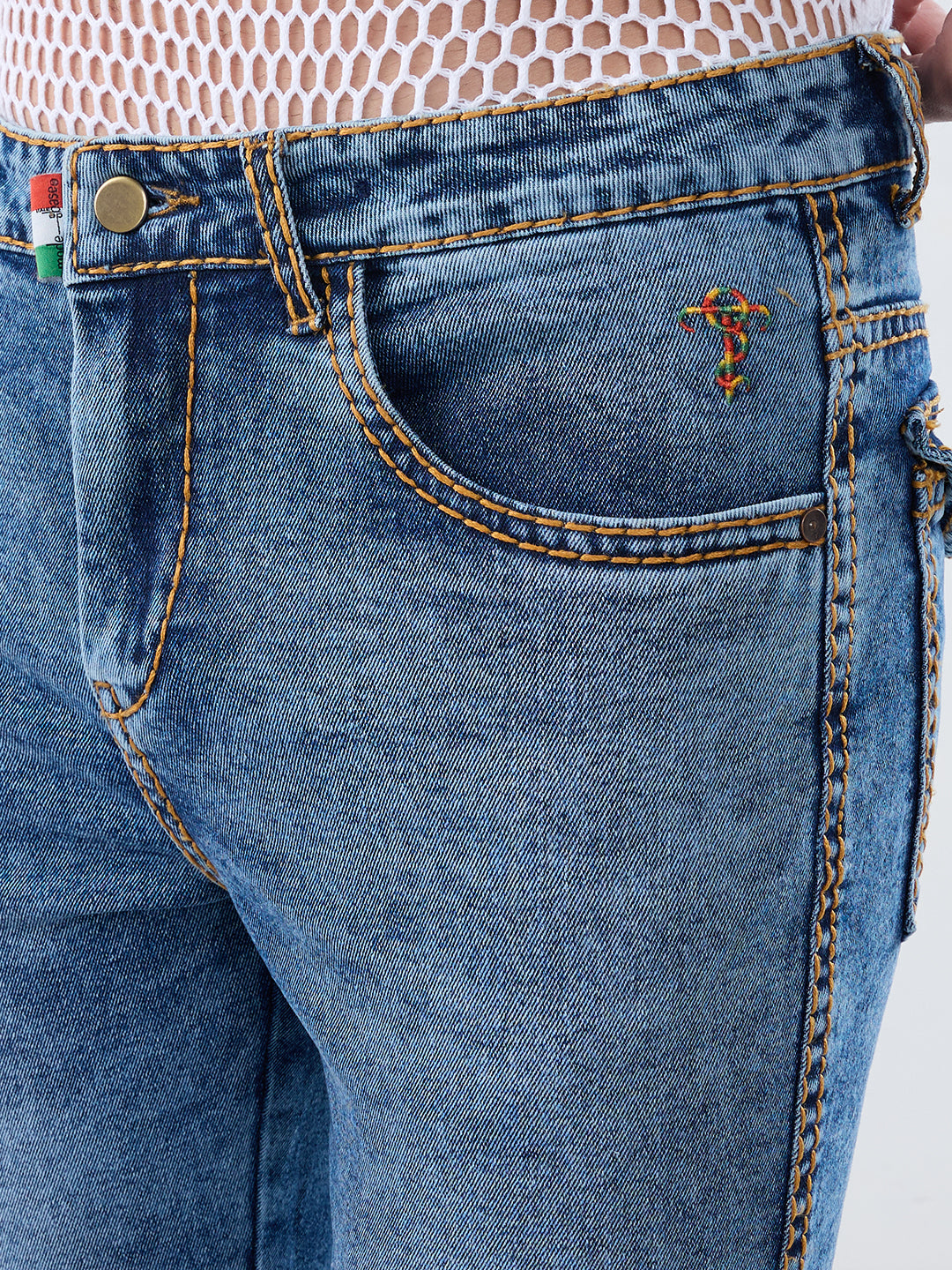 Men’s Ice Blue Bootcut Stretch Denim Jeans with Mustard Stitching