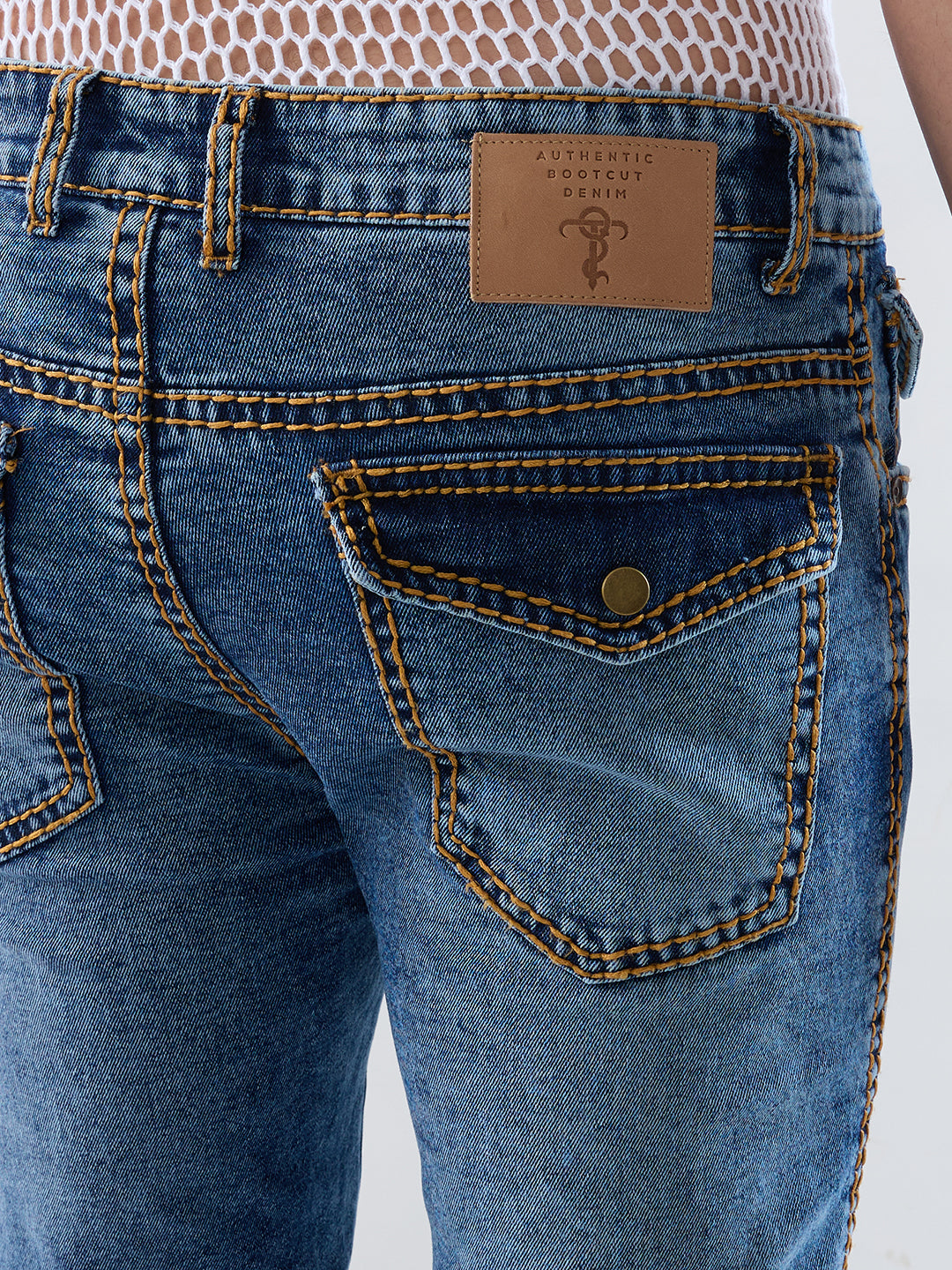 Men’s Ice Blue Bootcut Stretch Denim Jeans with Mustard Stitching