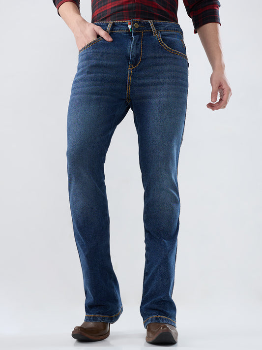 Men Deep Blue Bootcut Stretch Denim Jeans with Luxe Mustard Stitch & Flap Pockets