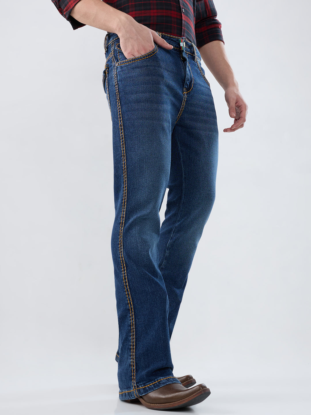Men Deep Blue Bootcut Stretch Denim Jeans with Luxe Mustard Stitch & Flap Pockets