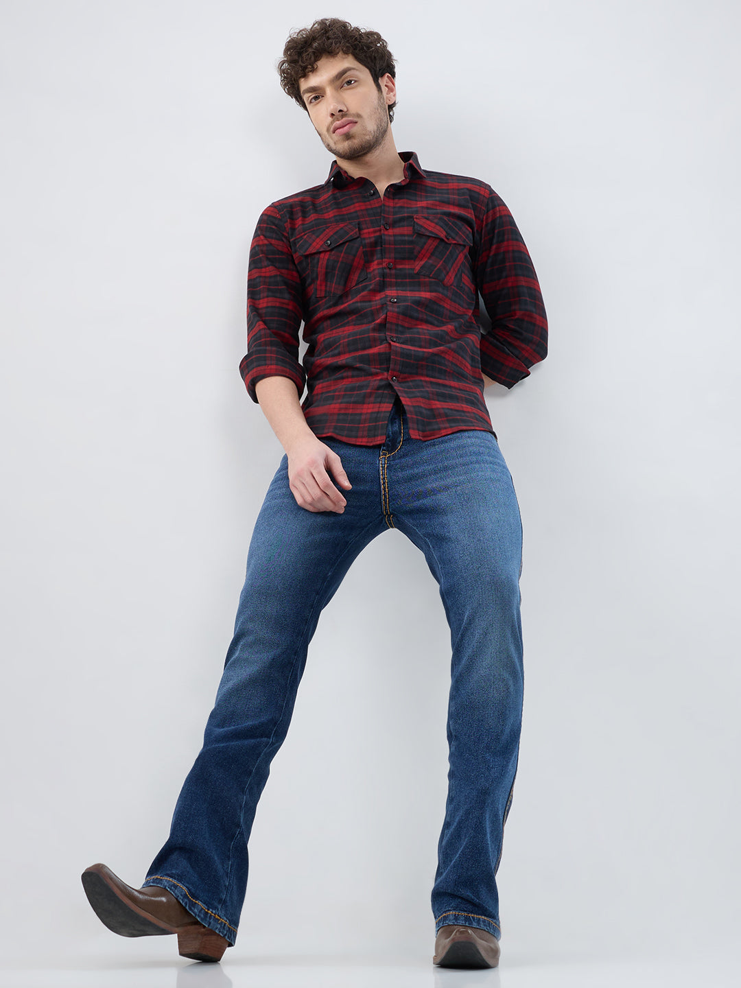 Men Deep Blue Bootcut Stretch Denim Jeans with Luxe Mustard Stitch & Flap Pockets