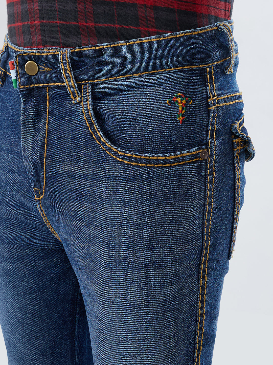 Men Deep Blue Bootcut Stretch Denim Jeans with Luxe Mustard Stitch & Flap Pockets