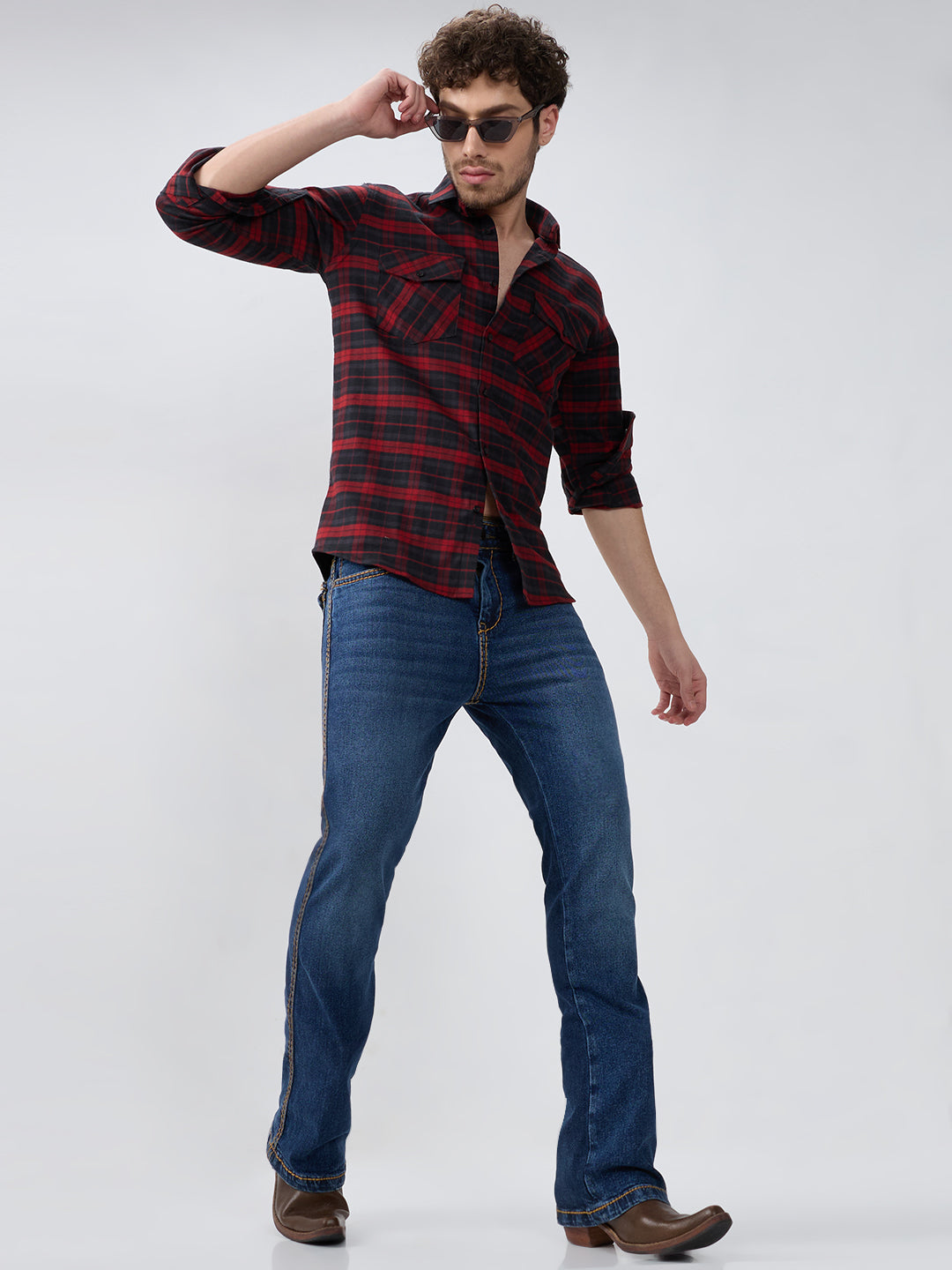 Men Deep Blue Bootcut Stretch Denim Jeans with Luxe Mustard Stitch & Flap Pockets