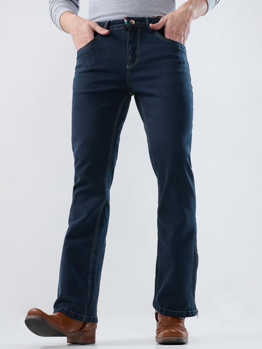 Men Premium Marine Blue Bootcut Stretch Denim with Bottom Zip Detail