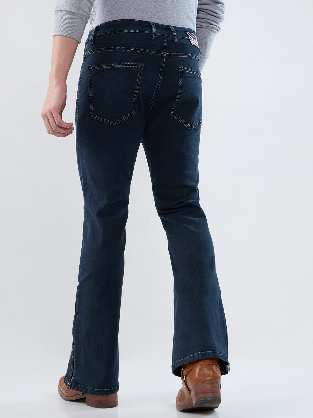 Men Premium Marine Blue Bootcut Stretch Denim with Bottom Zip Detail