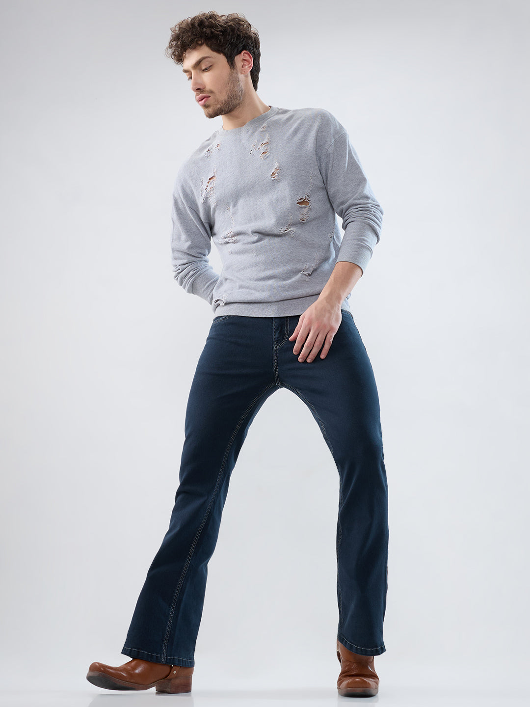 Men Premium Marine Blue Bootcut Stretch Denim with Bottom Zip Detail