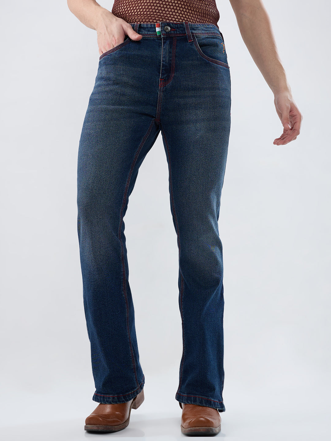 Men’s Bootcut Vintage Blue Stretch Jeans with Red Thread Detail & Bottom Zipper