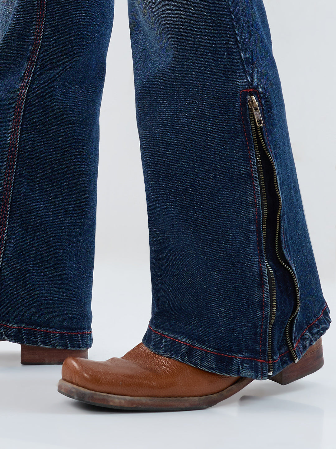 Men’s Bootcut Vintage Blue Stretch Jeans with Red Thread Detail & Bottom Zipper