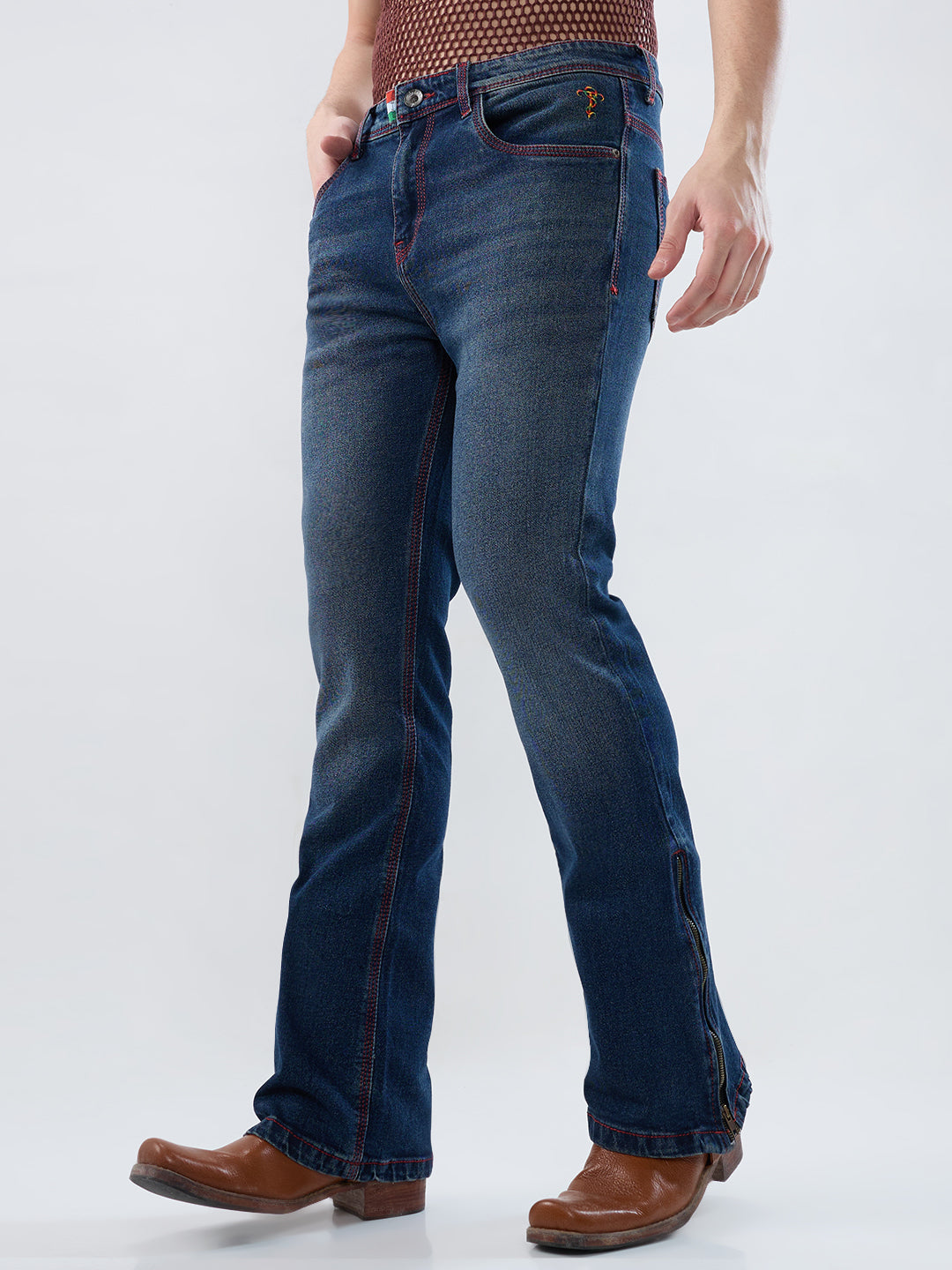 Men’s Bootcut Vintage Blue Stretch Jeans with Red Thread Detail & Bottom Zipper