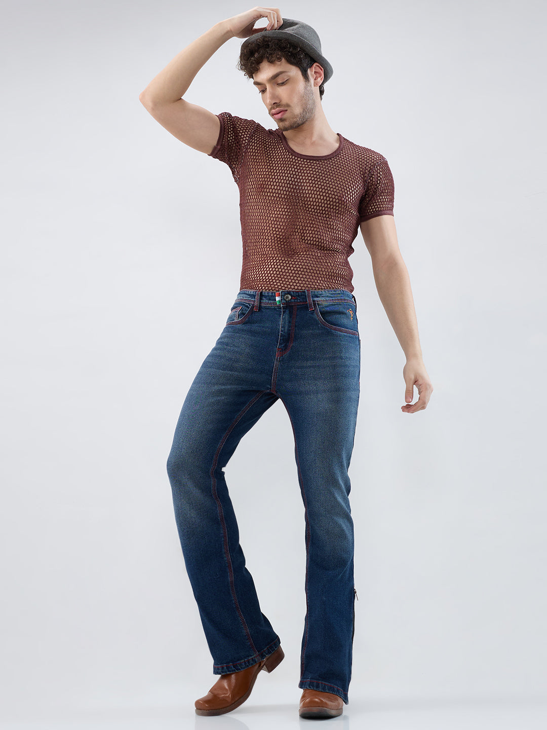 Men’s Bootcut Vintage Blue Stretch Jeans with Red Thread Detail & Bottom Zipper