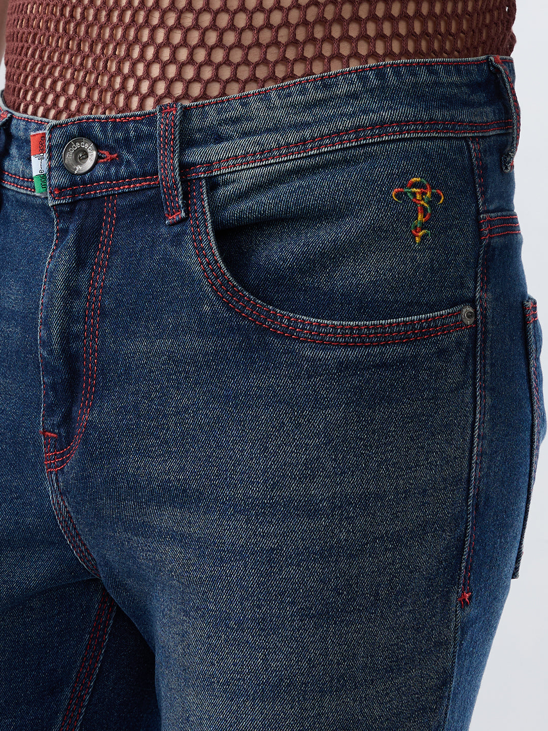 Men’s Bootcut Vintage Blue Stretch Jeans with Red Thread Detail & Bottom Zipper