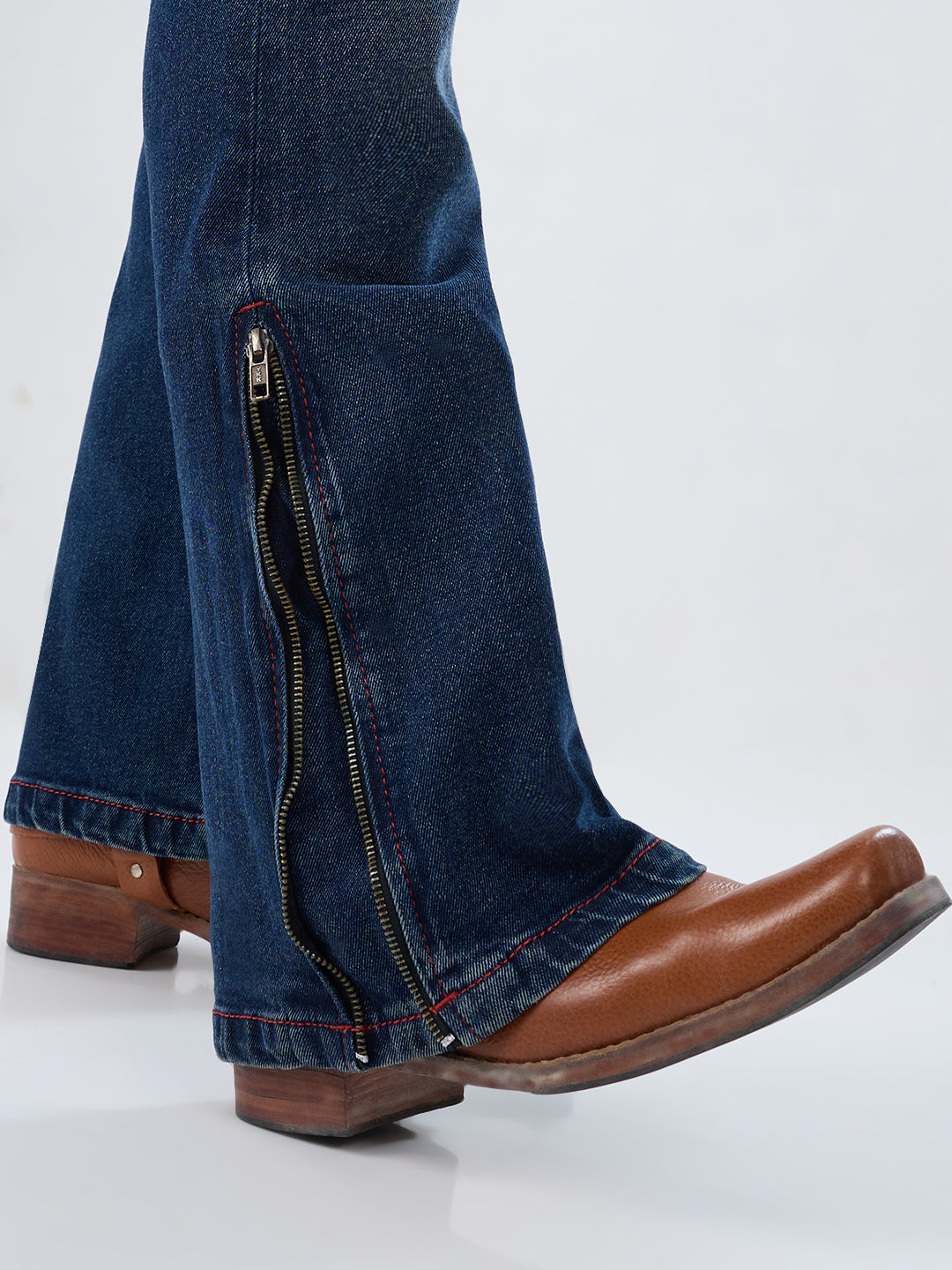 Men’s Bootcut Vintage Blue Stretch Jeans with Red Thread Detail & Bottom Zipper