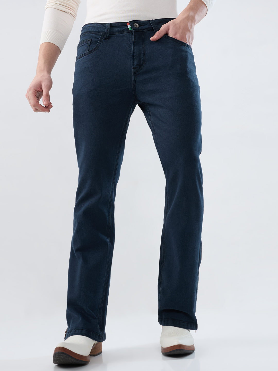 Men’s Deep Ocean Indigo Bootcut Stretch Jeans with Bottom Zipper