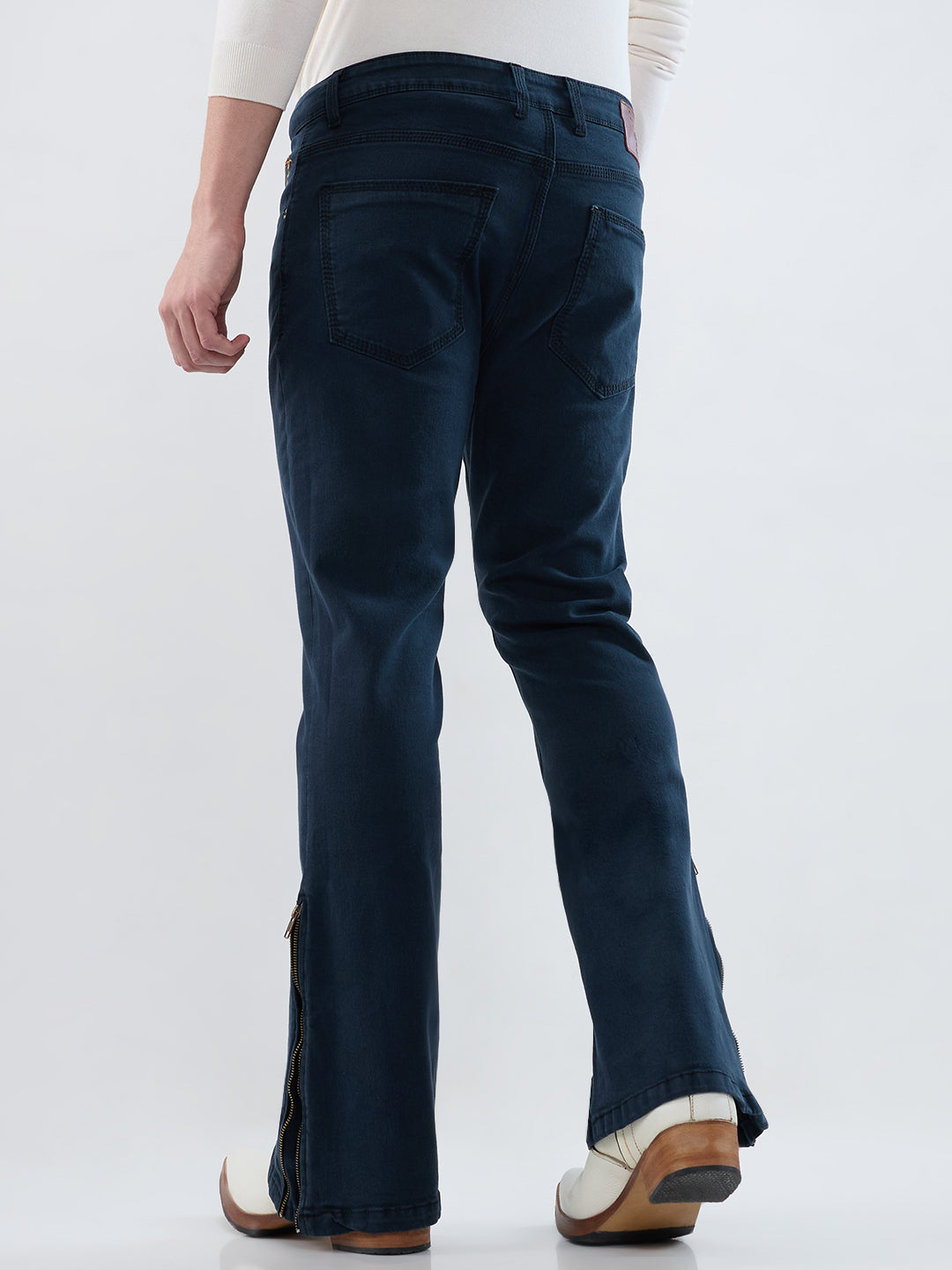 Men’s Deep Ocean Indigo Bootcut Stretch Jeans with Bottom Zipper
