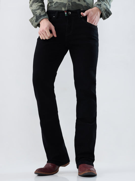 Men Solid Black Bootcut Stretch Jeans for Men with Classic 5-Pocket Design