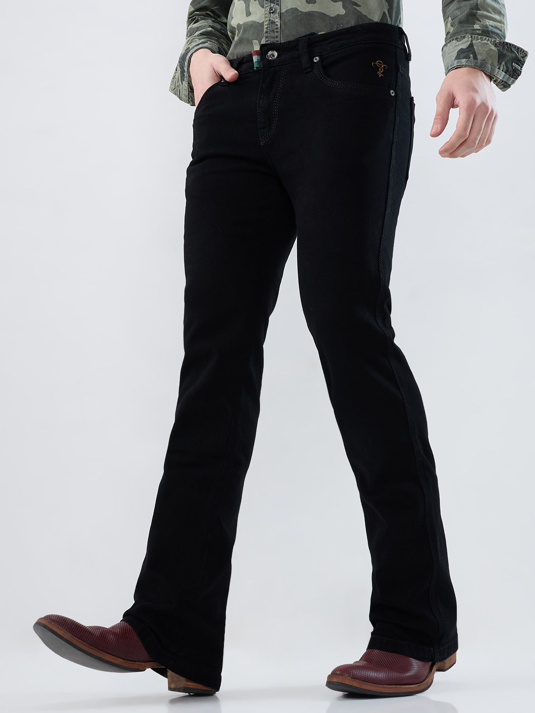 Men Solid Black Bootcut Stretch Jeans for Men with Classic 5-Pocket Design