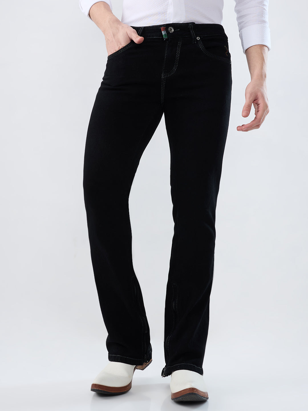 Men Black Stretch Bootcut Jeans with Inseam Bottom Zipper