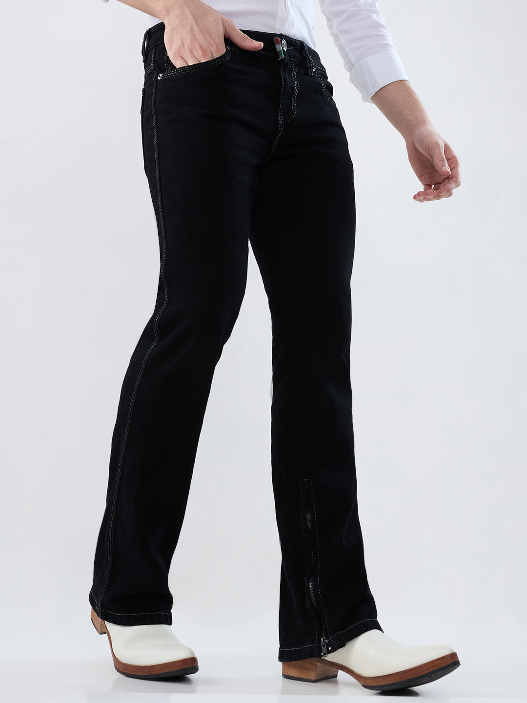 Men Black Stretch Bootcut Jeans with Inseam Bottom Zipper