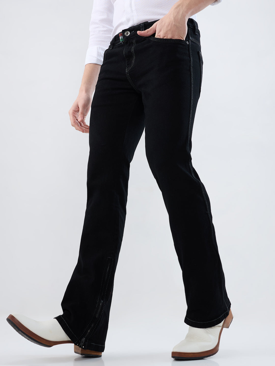 Men Black Stretch Bootcut Jeans with Inseam Bottom Zipper
