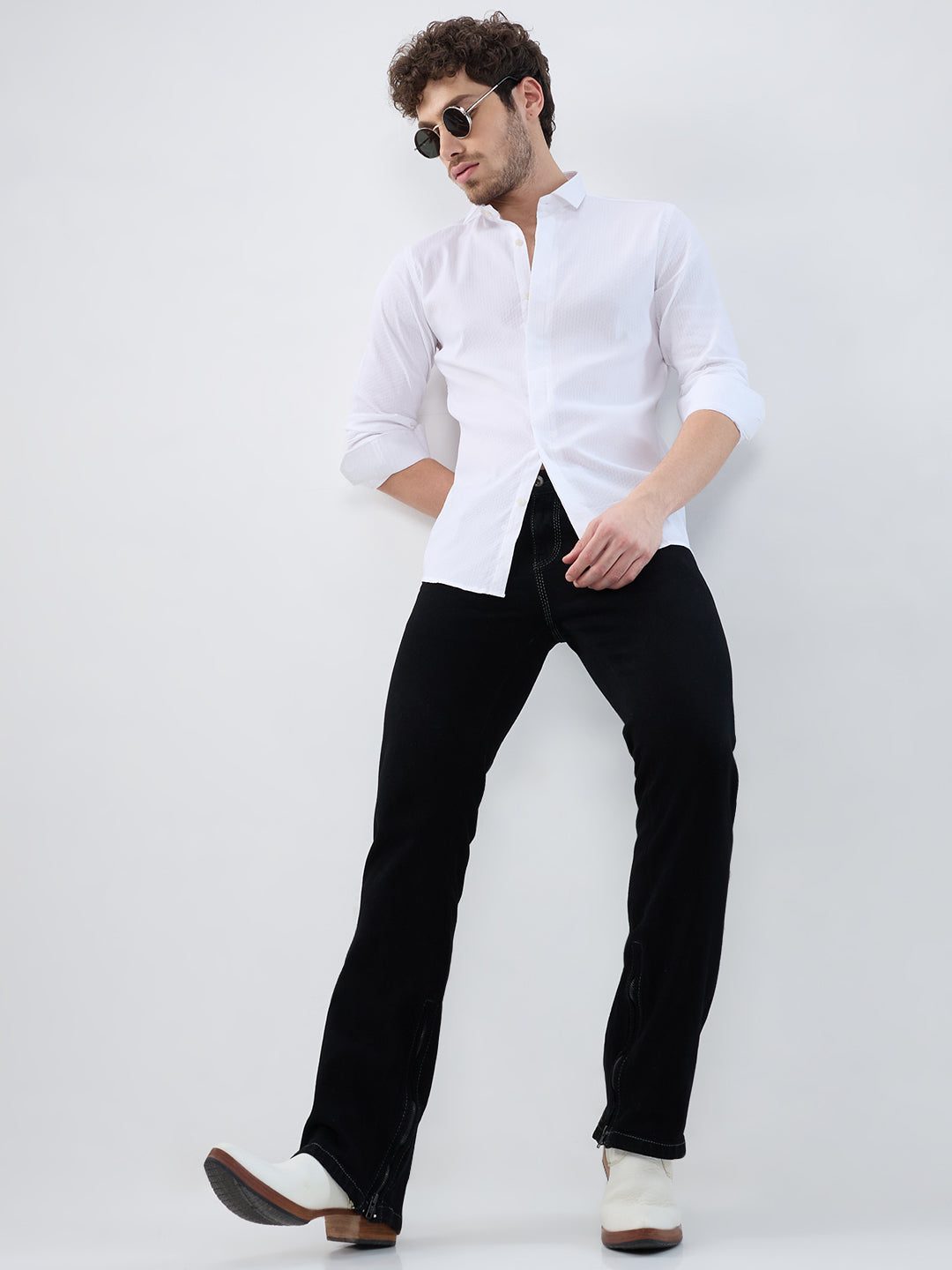 Men Black Stretch Bootcut Jeans with Inseam Bottom Zipper