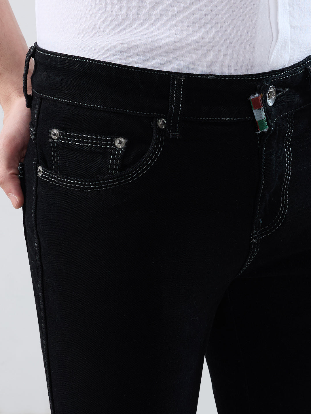 Men Black Stretch Bootcut Jeans with Inseam Bottom Zipper