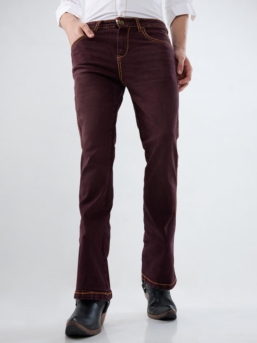 Vintage Maroon Bootcut Denim with Contrast Mustard Stitch Detailing – Stretchable 5-Pocket Jeans for Men