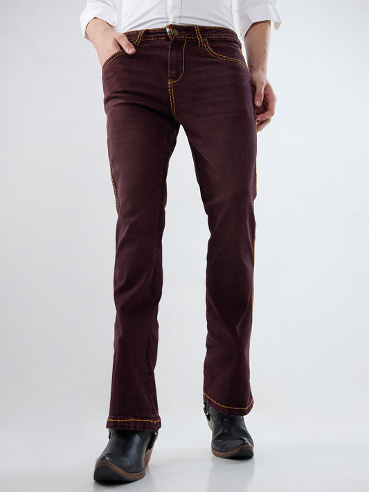 Vintage Maroon Bootcut Denim with Contrast Mustard Stitch Detailing – Stretchable 5-Pocket Jeans for Men