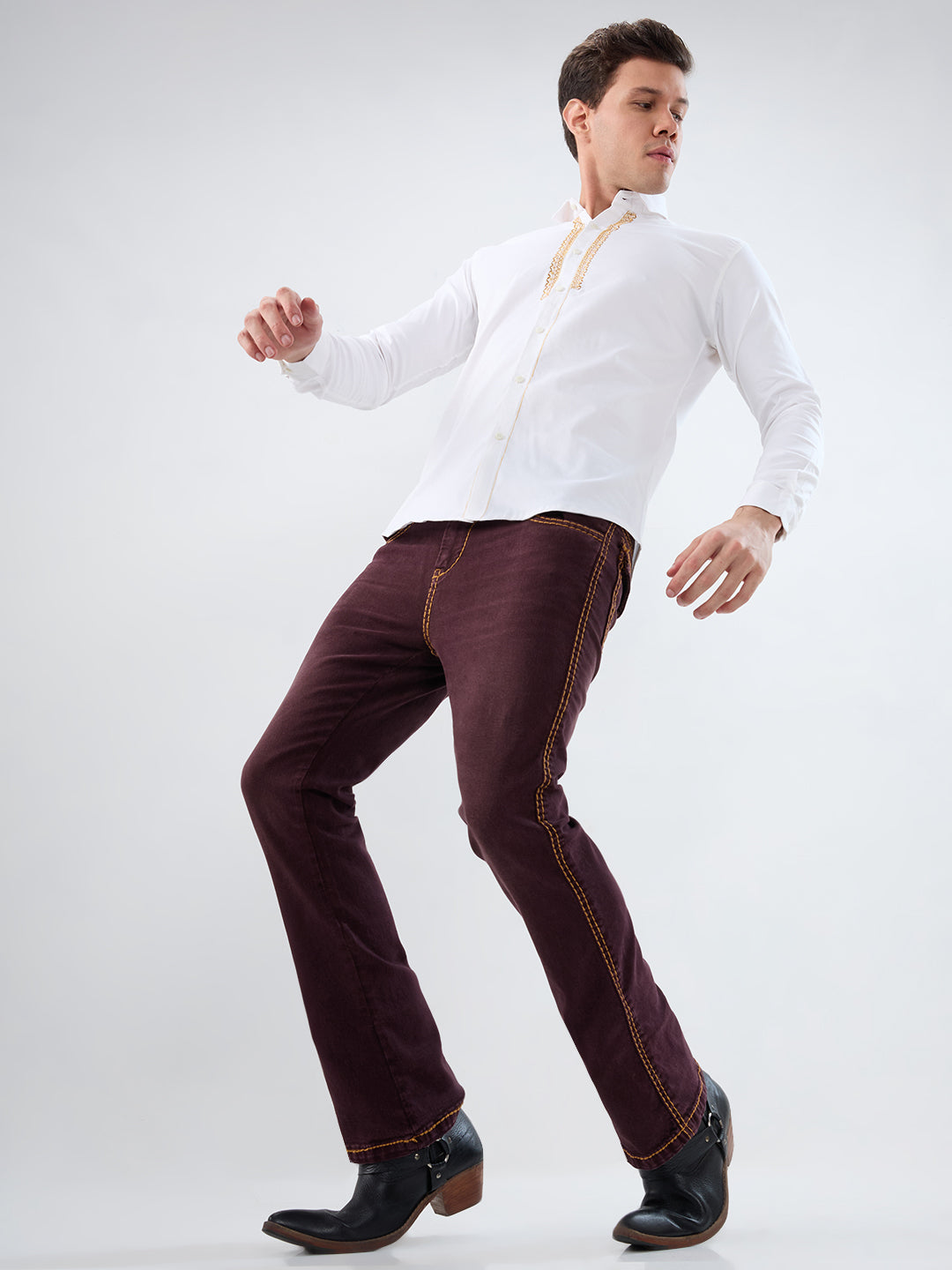 Vintage Maroon Bootcut Denim with Contrast Mustard Stitch Detailing – Stretchable 5-Pocket Jeans for Men