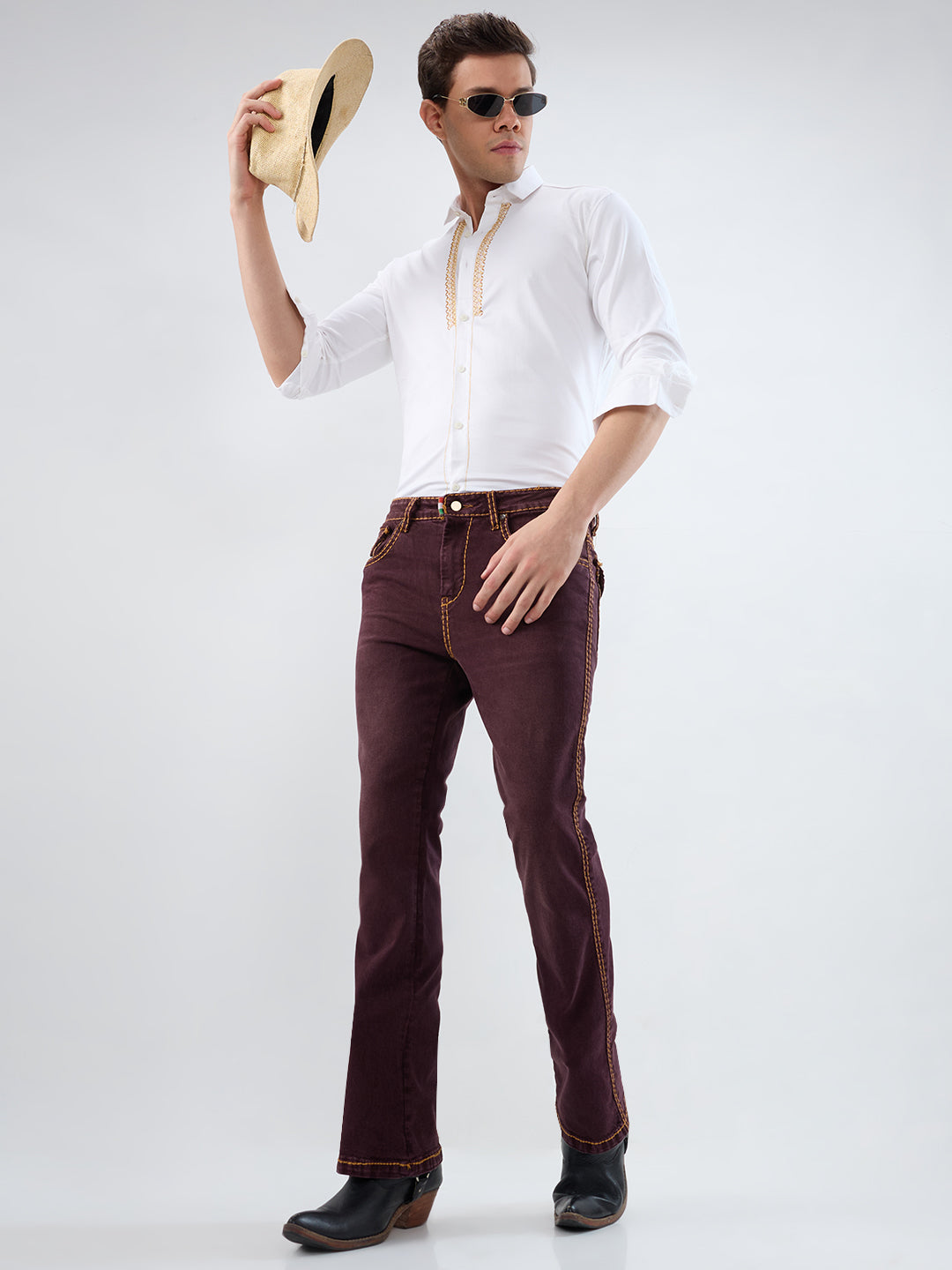 Vintage Maroon Bootcut Denim with Contrast Mustard Stitch Detailing – Stretchable 5-Pocket Jeans for Men