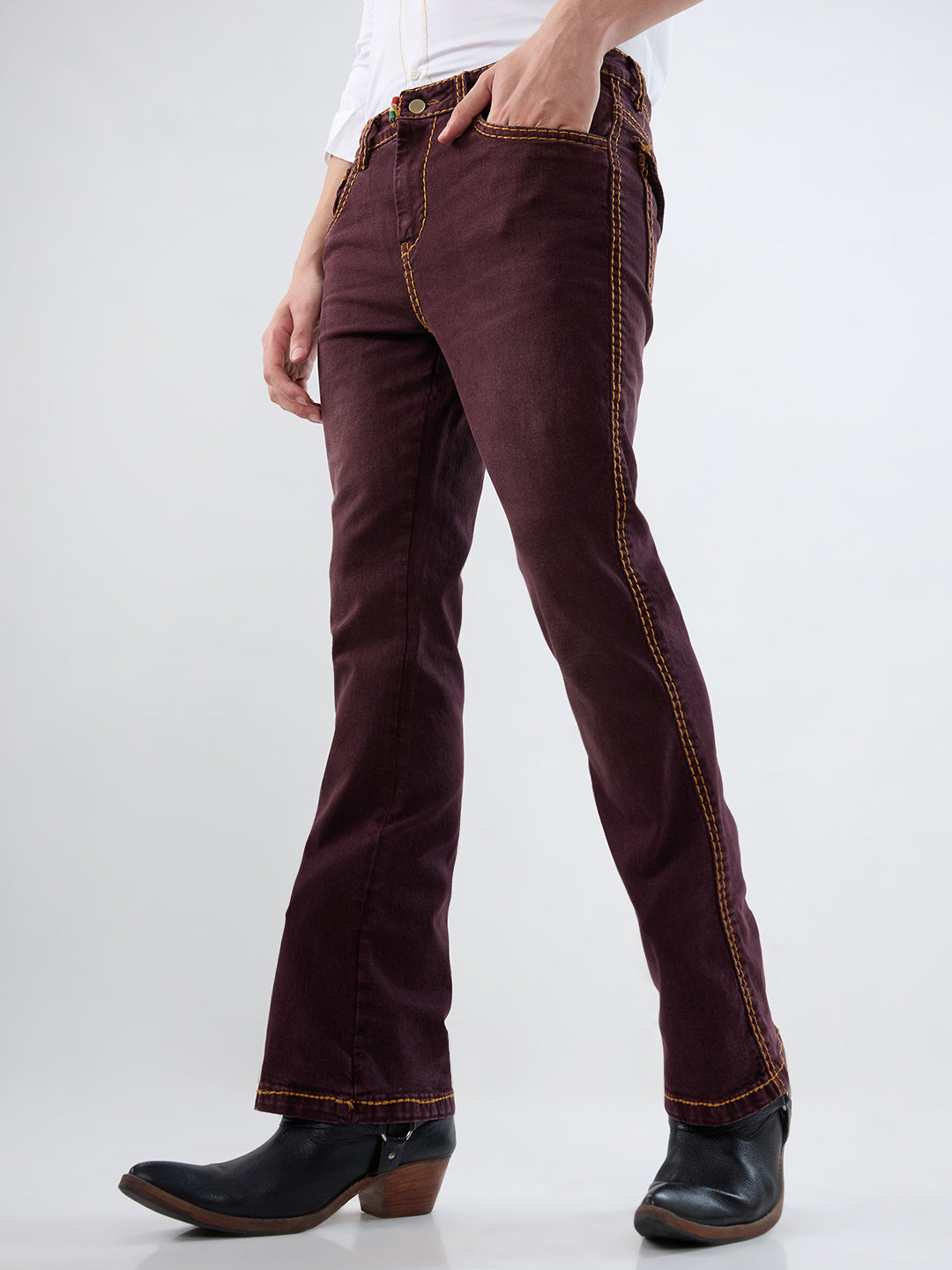 Vintage Maroon Bootcut Denim with Contrast Mustard Stitch Detailing – Stretchable 5-Pocket Jeans for Men