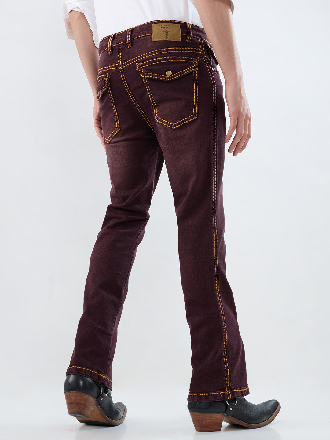 Vintage Maroon Bootcut Denim with Contrast Mustard Stitch Detailing – Stretchable 5-Pocket Jeans for Men