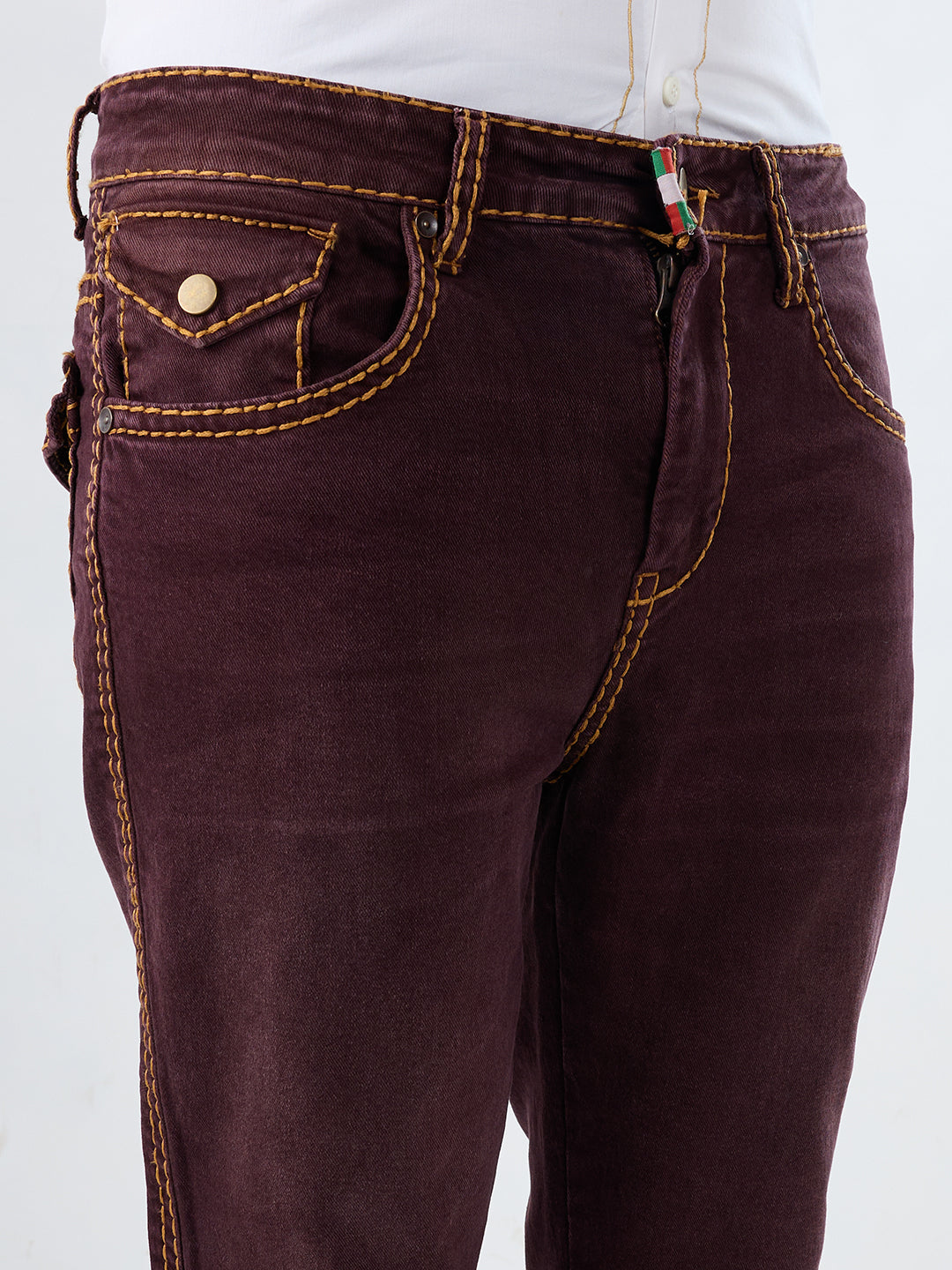 Vintage Maroon Bootcut Denim with Contrast Mustard Stitch Detailing – Stretchable 5-Pocket Jeans for Men